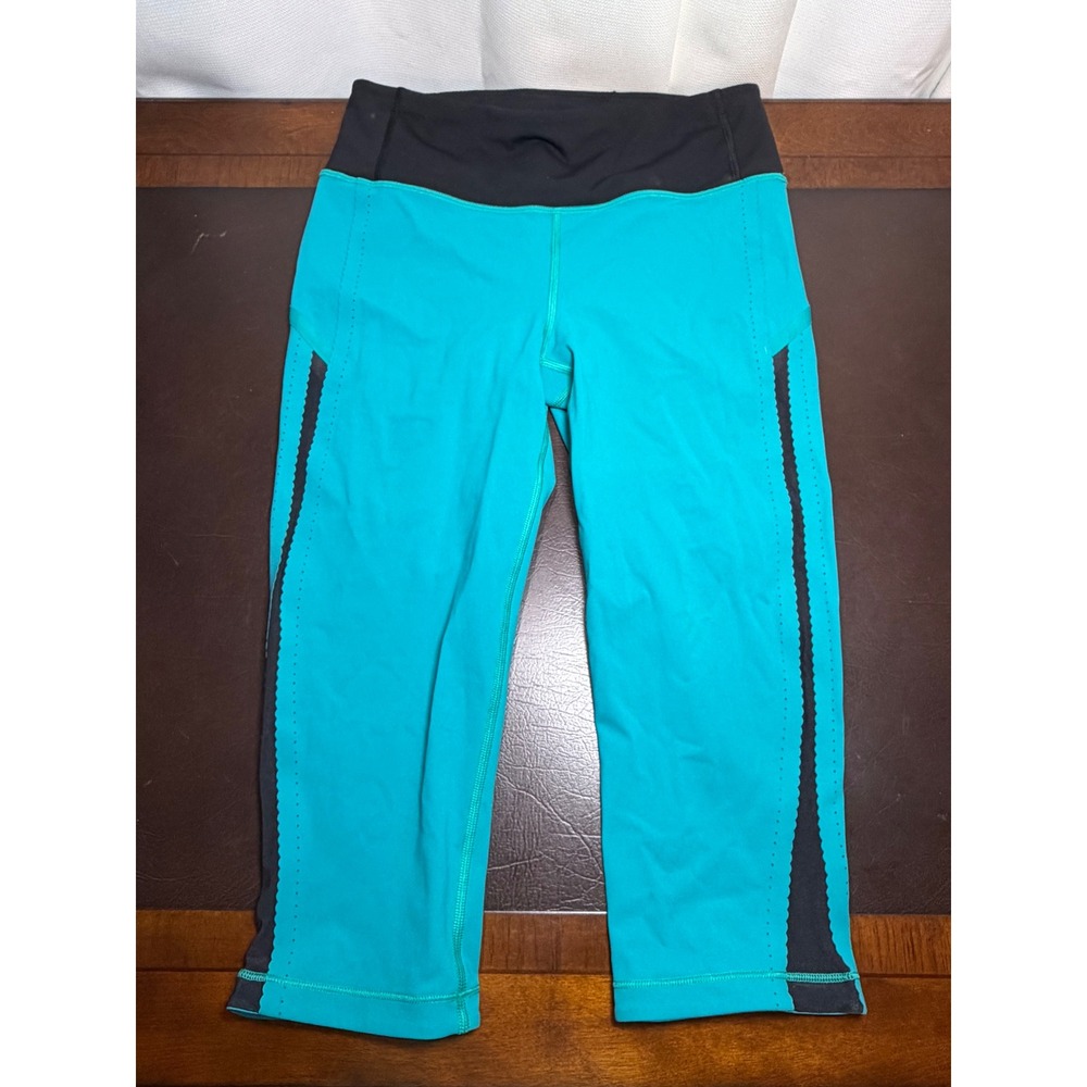 Lululemon Pace Rival Crop Leggings Size 6 Teal Black Reflective Running Pants